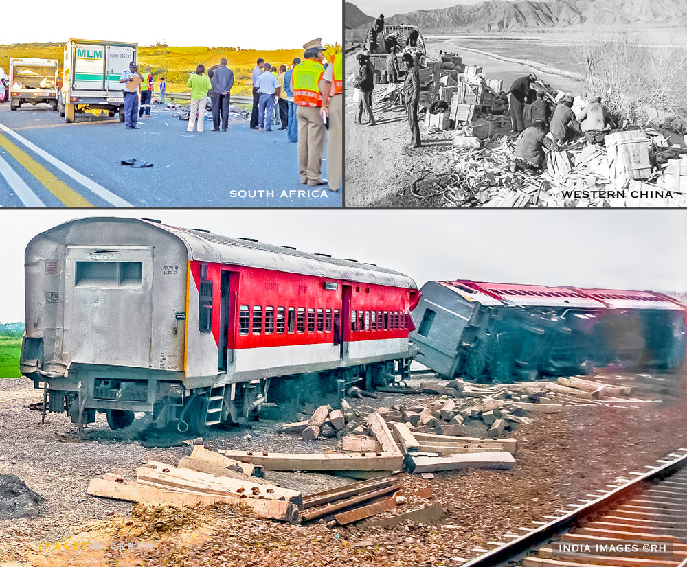 solo overland travel and transit, head on accidents, train derailments, unsecure truck cargo, images by Rick Hemi