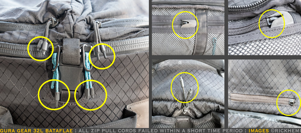overland travel camera packs, Gura Gear Bataflae pull cord zipper failure, images by Rick Hemi