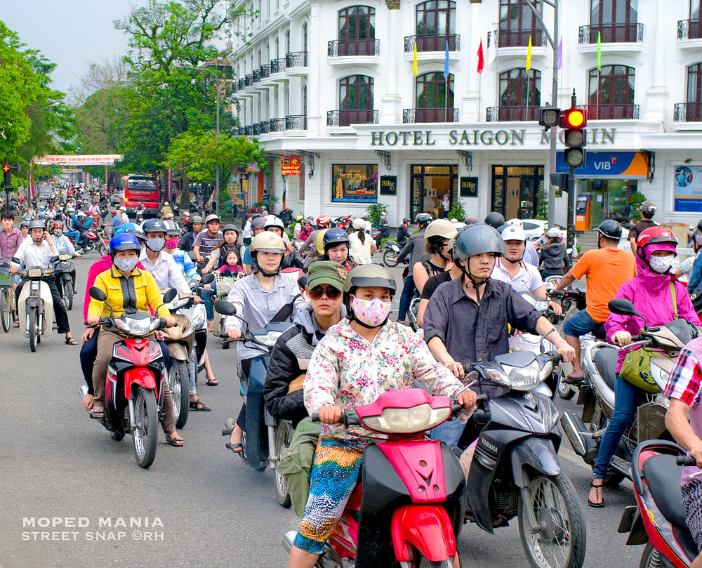 solo overland travel Asia, moped mania, street snap image by Rick Hemi