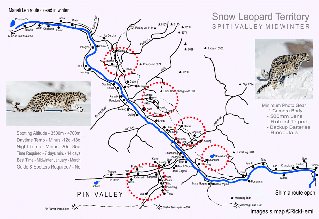 solo overland travel, self-tracking, self spotting and photographing snow leopards, midwinter Spiti Valley, images and map by Rick Hemi