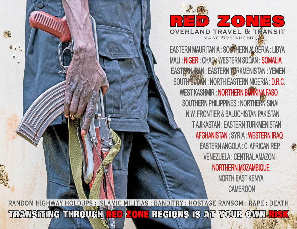solo overland travel and transit, red zone regions 2020s, street red zone image by Rick Hemi
