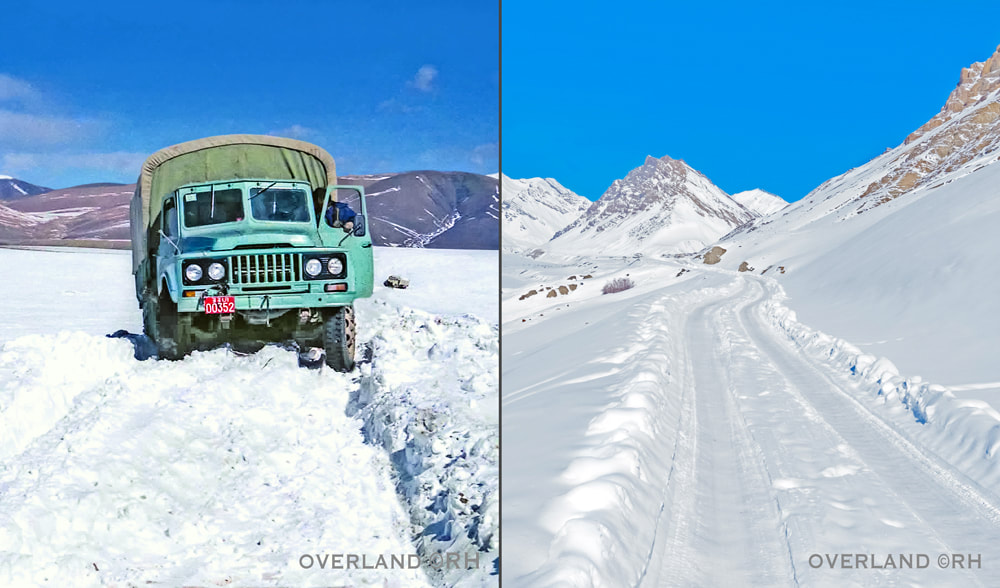 overland travel and transit, hitchhiking onboard trucks, hitching lifts in the middle of nowhere in midwinter, images by Rick Hemi