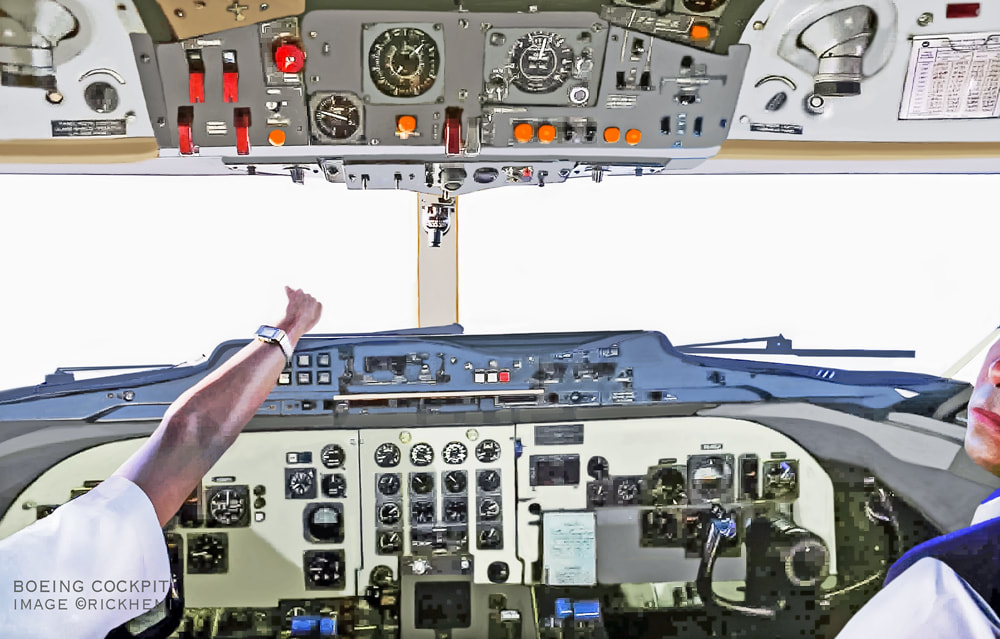 classic air travel snap, Boeing cockpit in flight, image by Rick Hemi 