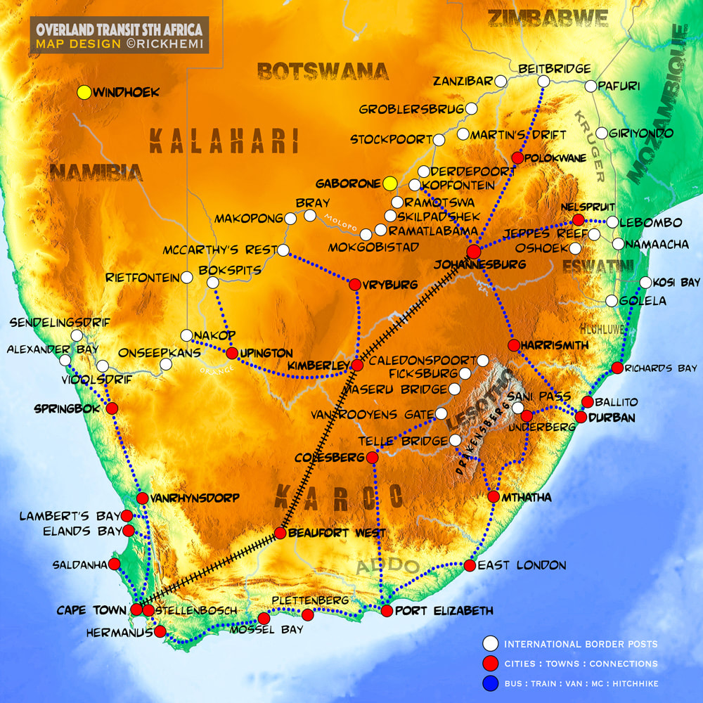 SOUTH AFRICA overland travel and transit route map, South Africa international land border crossings, map design by Rick Hemi 