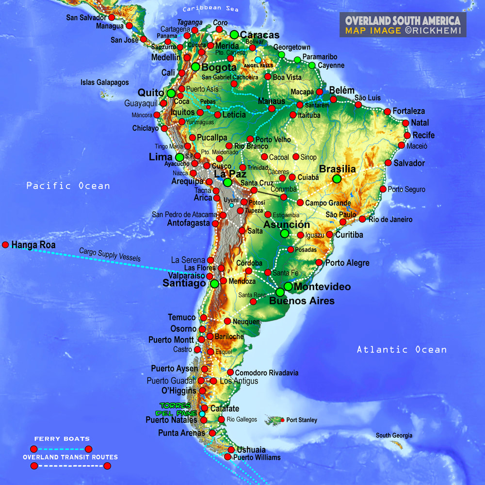 South American overland travel and transit map routes-bus-truck-ferry boats-hitchhiking, the best South American solo overland travel and transit routes, map design by Rick Hemi