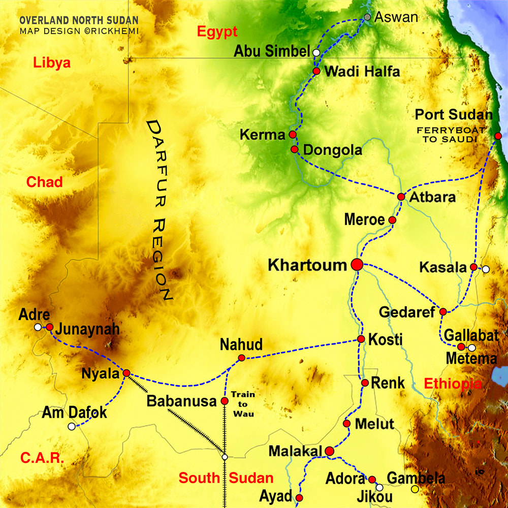 solo overland travel and transit map Sudan, Sudan overland border crossings, image by Rick Hemi