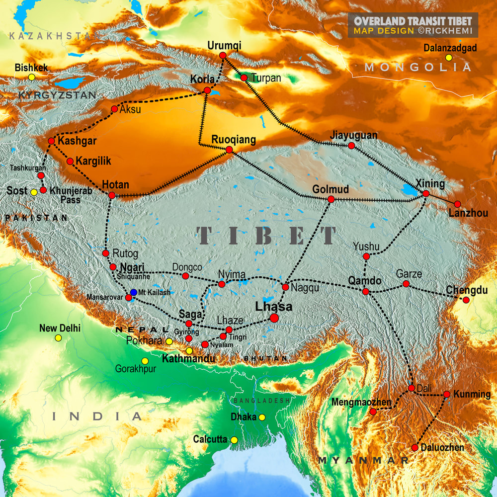 TIBET overland travel transit route map, map design by Rick Hemi
