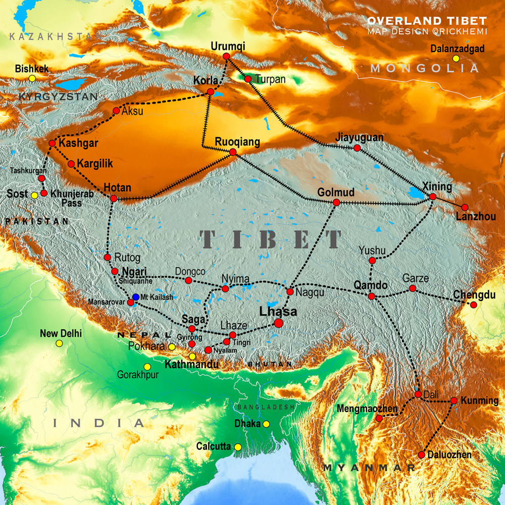 Tibet, overland travel and transit route map, image by Rick Hemi