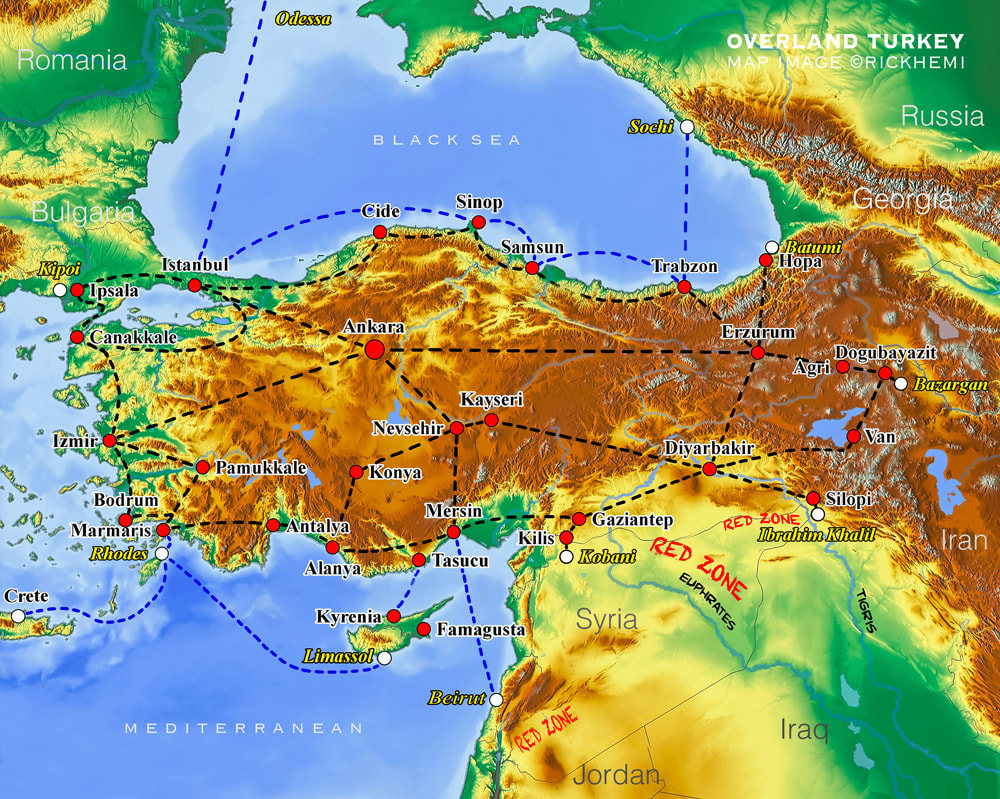 Turkey solo overland transit route map, Turkish border crossings, Iran, Iraq, Syria, Greece, Cyprus, Lebanon, image map by Rick Hemi