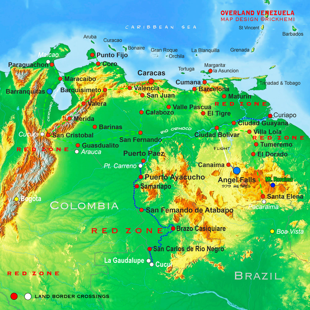 VENEZUELA solo overland travel transit route map, map design by Rick Hemi