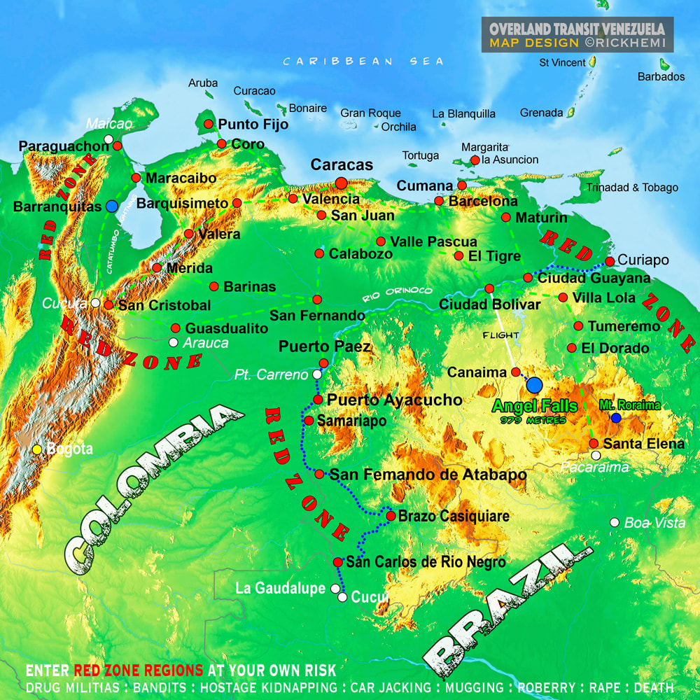 Venezuela solo overland travel, international entry-exit border crossings, map design by Rick Hemi