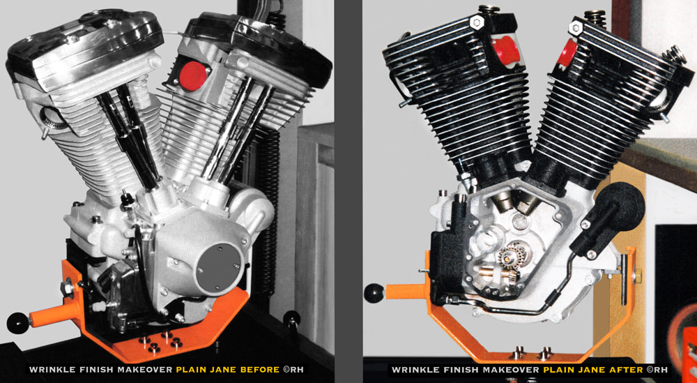 wrinkle finish and grinding fin edge cylinders and heads, Big Twin Harley Davidson engines, wrinkle finish HD engines 